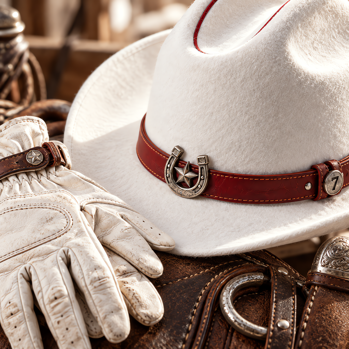 The Matador by mianbrea™ — Premium White Wool Felt Cowboy Hat, Red Piping & Horseshoe-Star Buckle