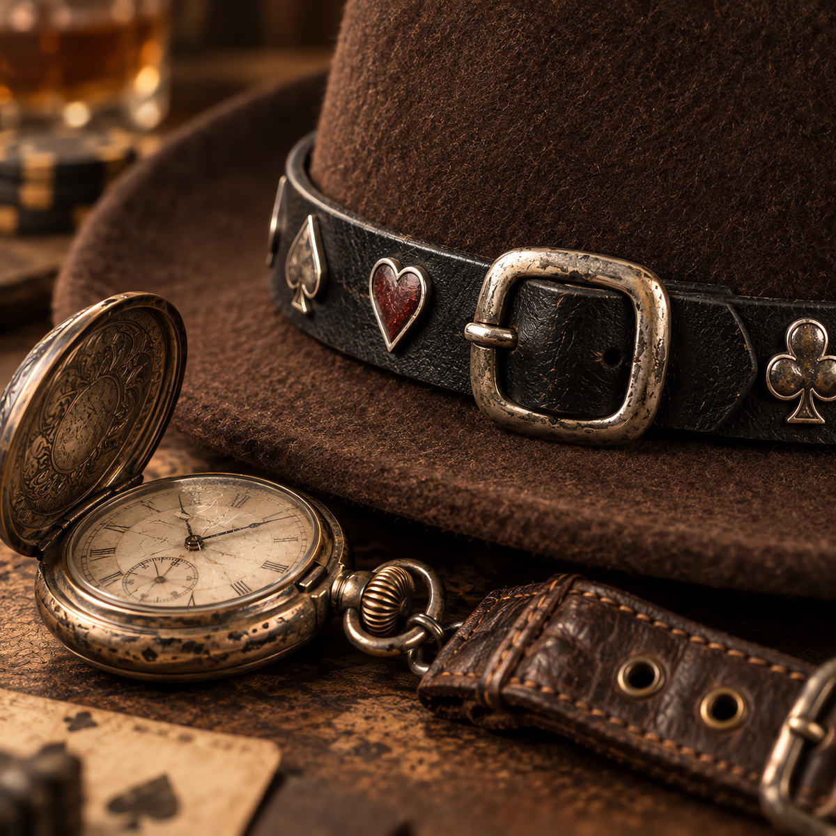 The Gambler by mianbrea™ — Premium Dark Brown Wool Felt Gambler Hat, Playing Card Suit Band & Telescope Crown