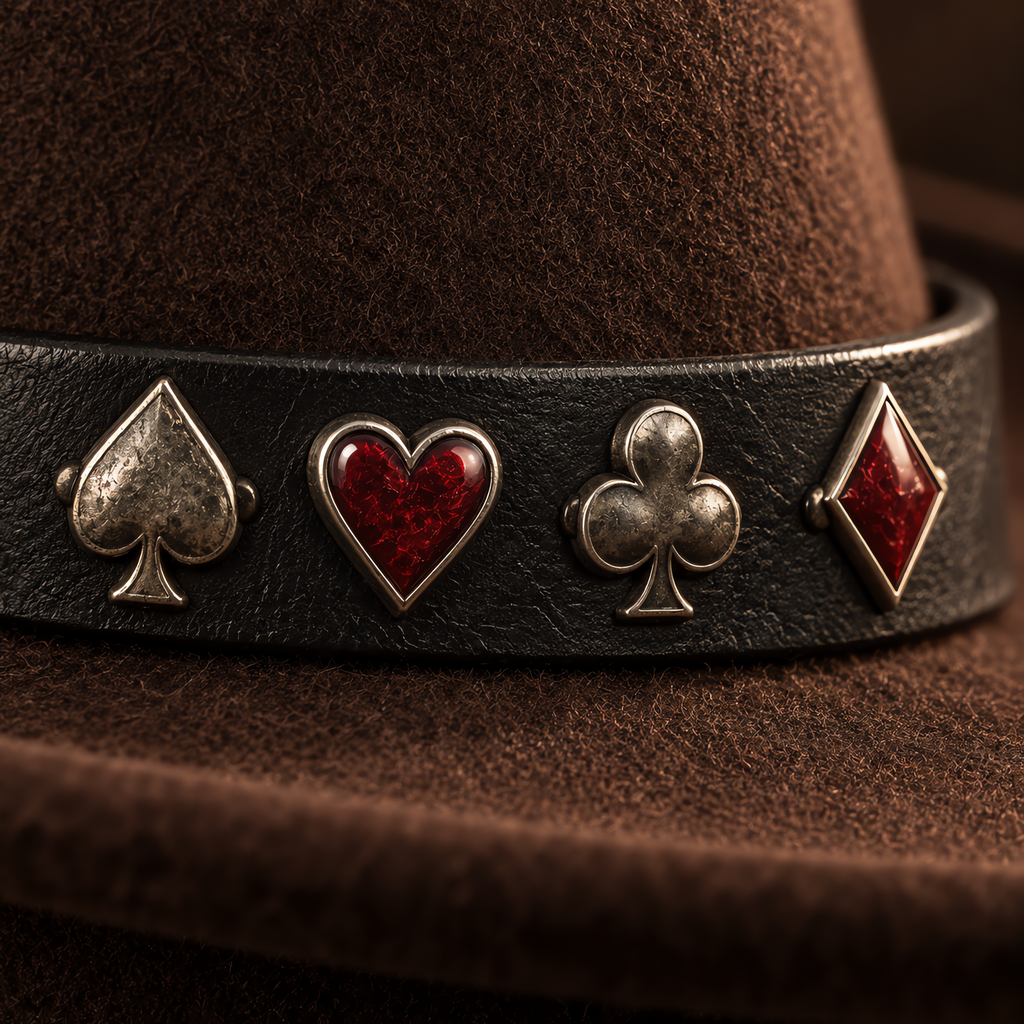 The Gambler by mianbrea™ — Premium Dark Brown Wool Felt Gambler Hat, Playing Card Suit Band & Telescope Crown