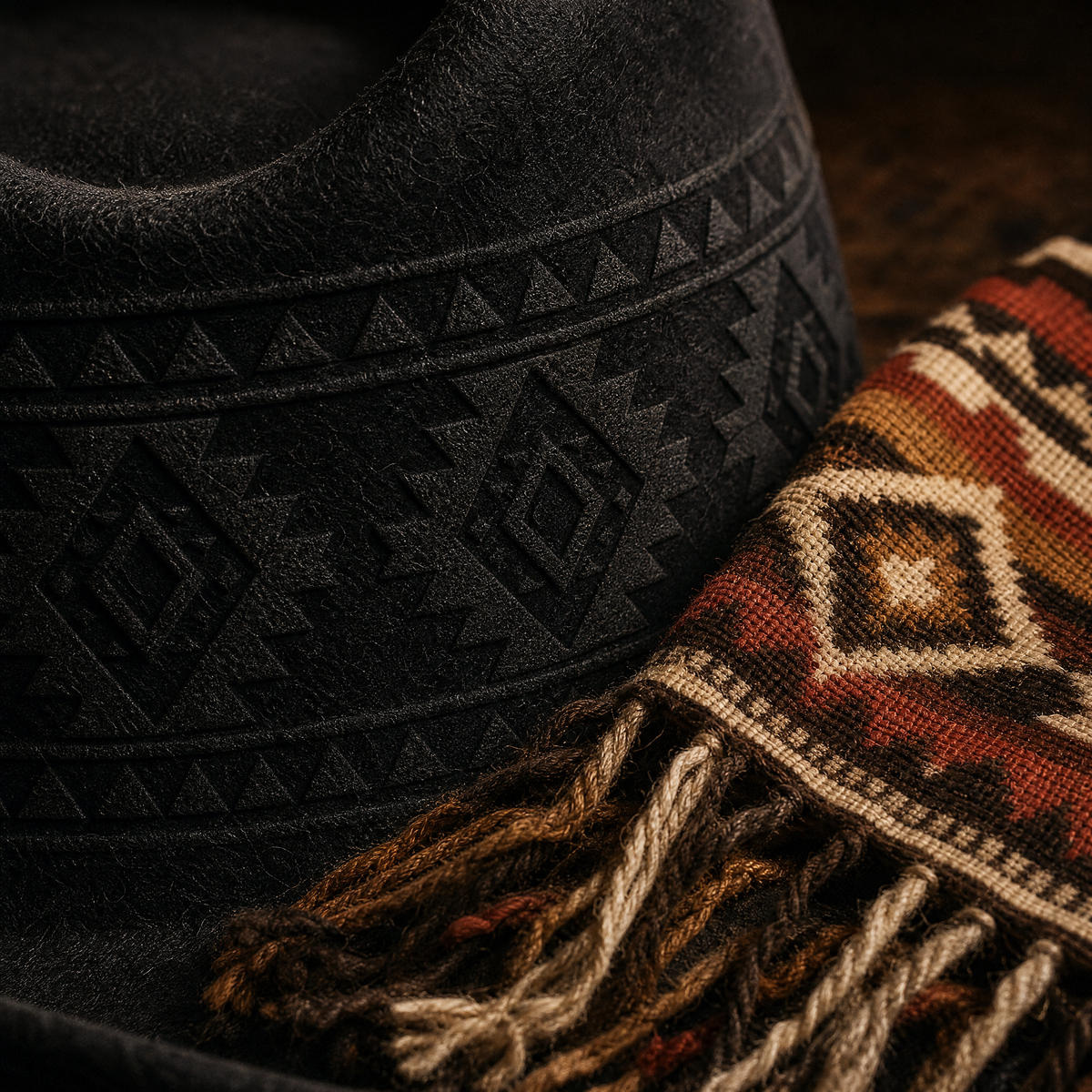 The Nomad by mianbrea™ — Premium Black Wool Felt Cowboy Hat, Hand-Pressed Tribal Patterns