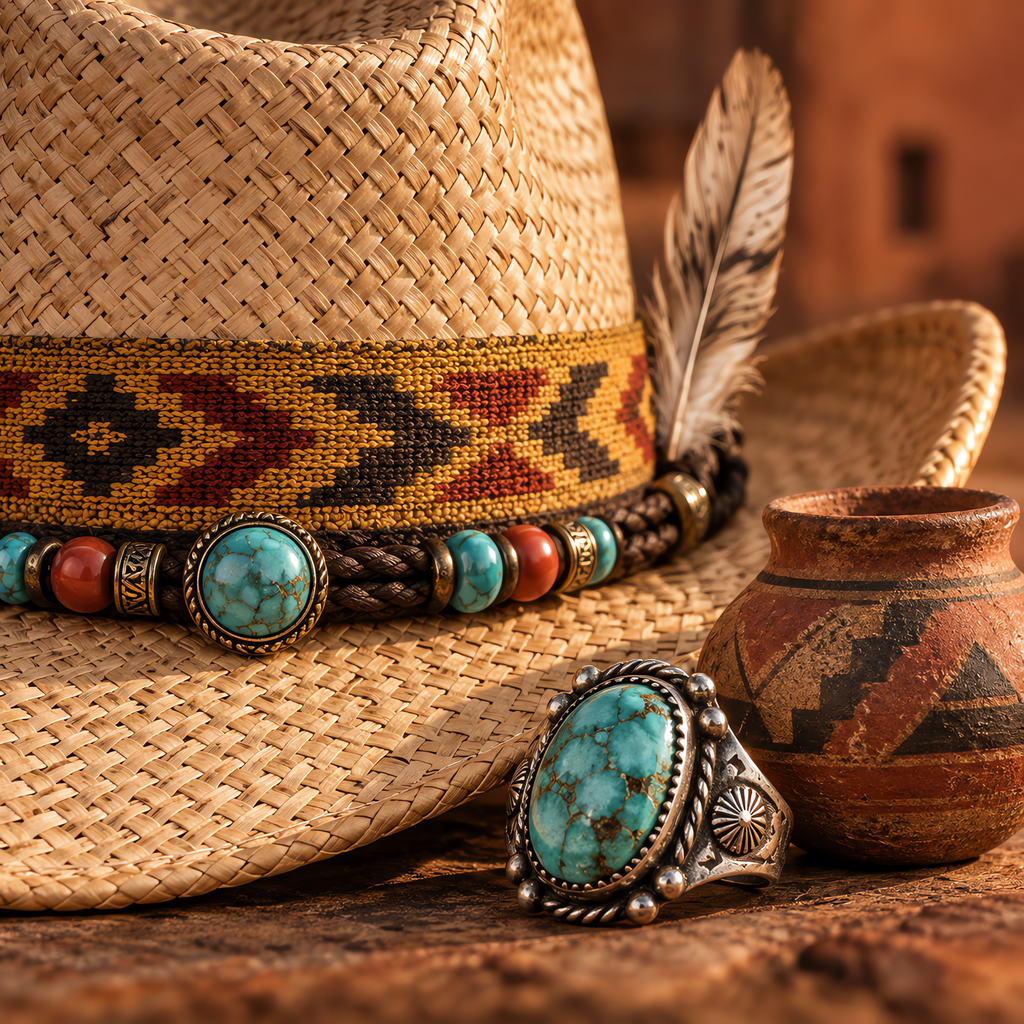 The Sundance by mianbrea™ — Premium Natural Straw Cowboy Hat, Navajo Woven Band & Turquoise Bead Accent