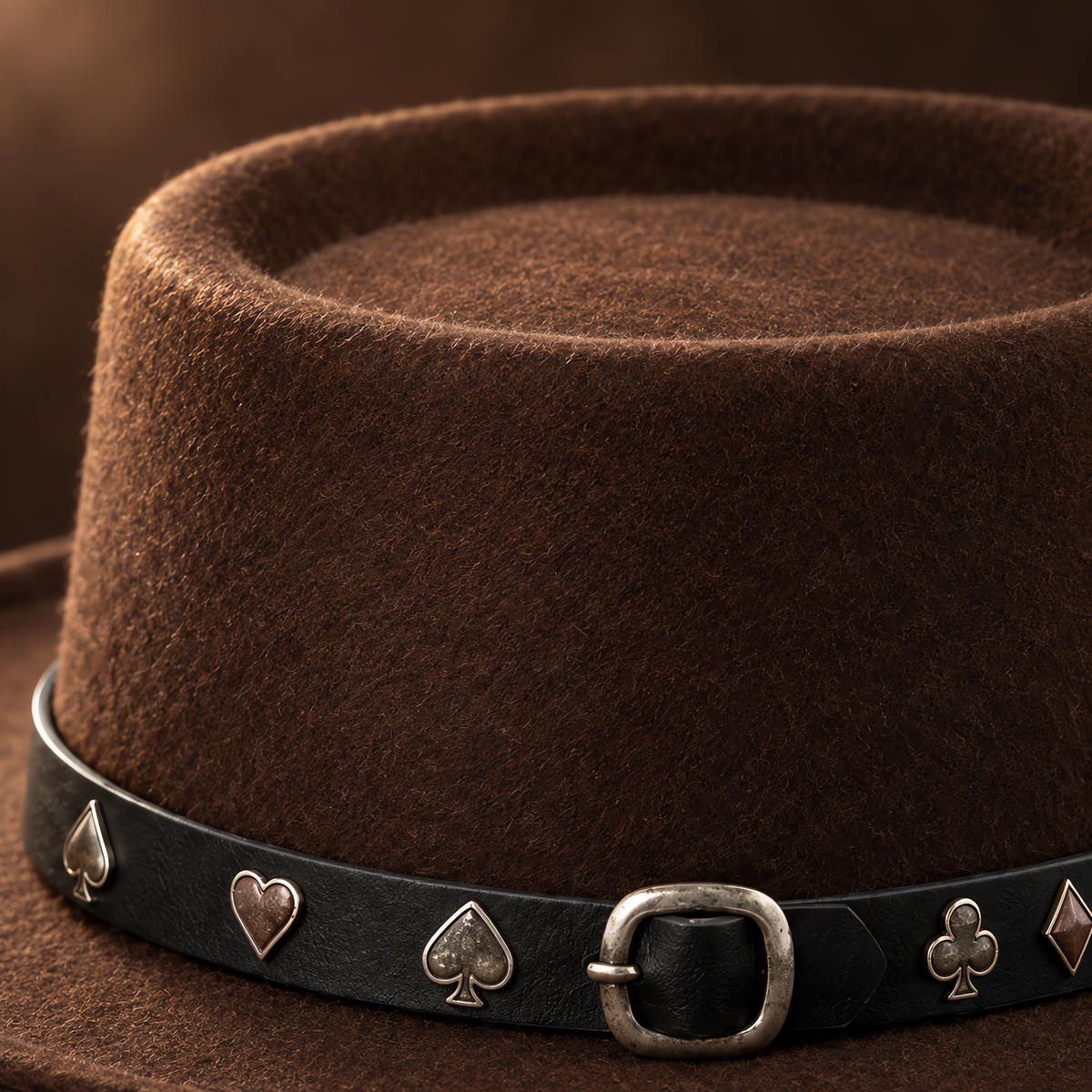 The Gambler by mianbrea™ — Premium Dark Brown Wool Felt Gambler Hat, Playing Card Suit Band & Telescope Crown