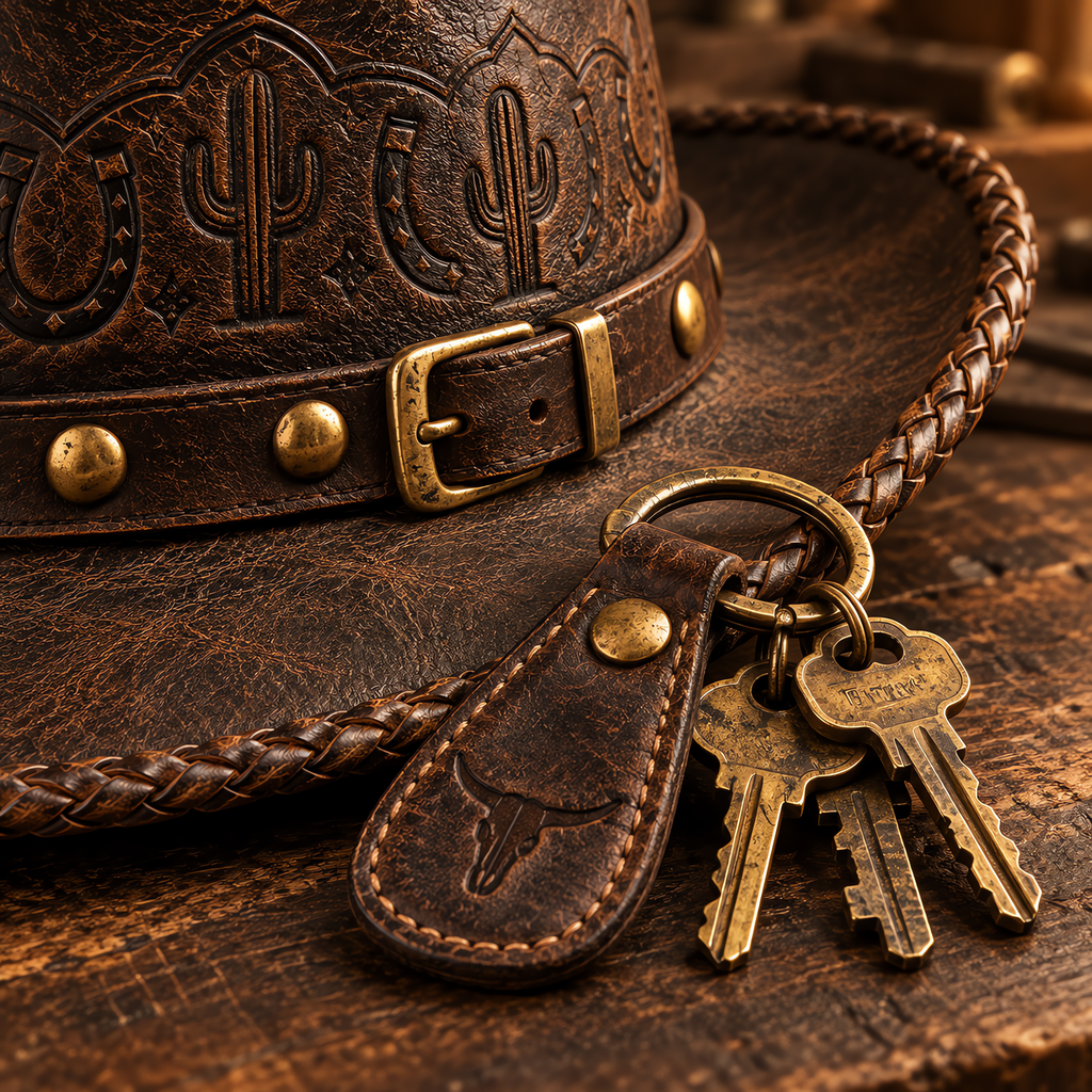 The Maverick by mianbrea™ — Premium Distressed Leather Cowboy Hat, Hand-Tooled Cactus & Horseshoe Pattern