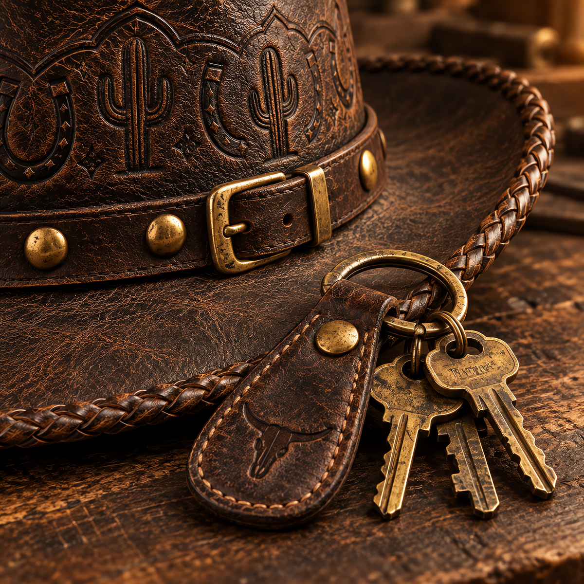 The Maverick by mianbrea™ — Premium Distressed Leather Cowboy Hat, Hand-Tooled Cactus & Horseshoe Pattern