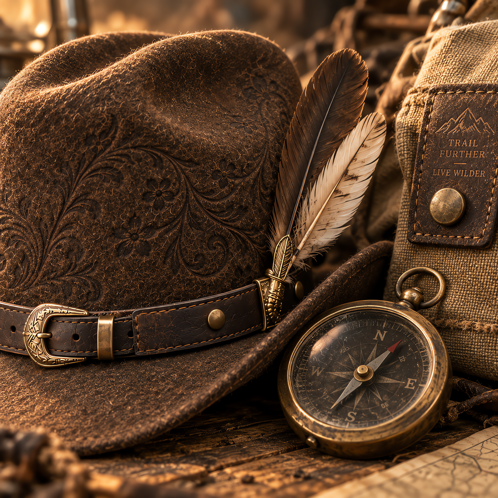 The Wrangler by mianbrea™ — Premium Dark Brown Wool Felt Cowboy Hat, Hand-Embossed Floral Crown & Feather Accent