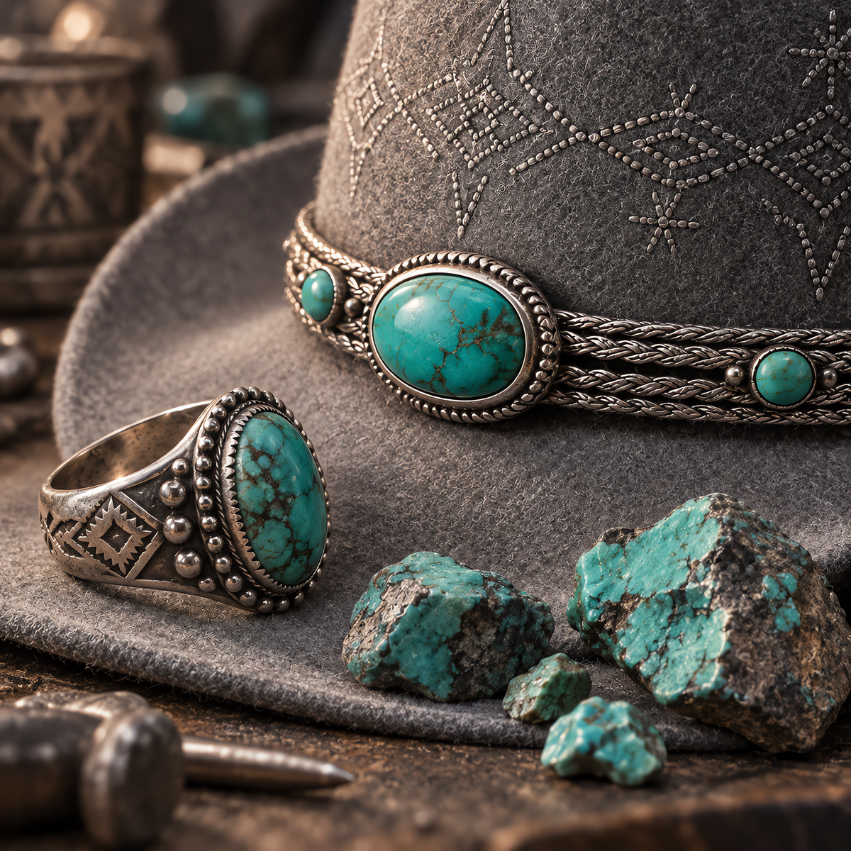 The Celestial by mianbrea™ — Premium Grey Wool Felt Cowboy Hat, Silver Constellation Crown & Turquoise Chain Band