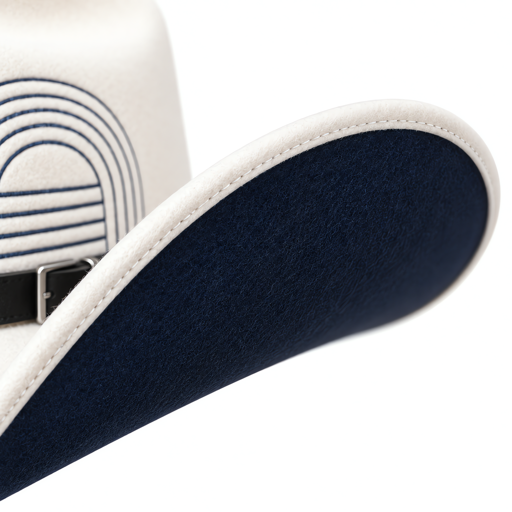 The Blanco by mianbrea™ — Premium White Wool Felt Cowboy Hat, Navy Geometric Print & Black Leather Band