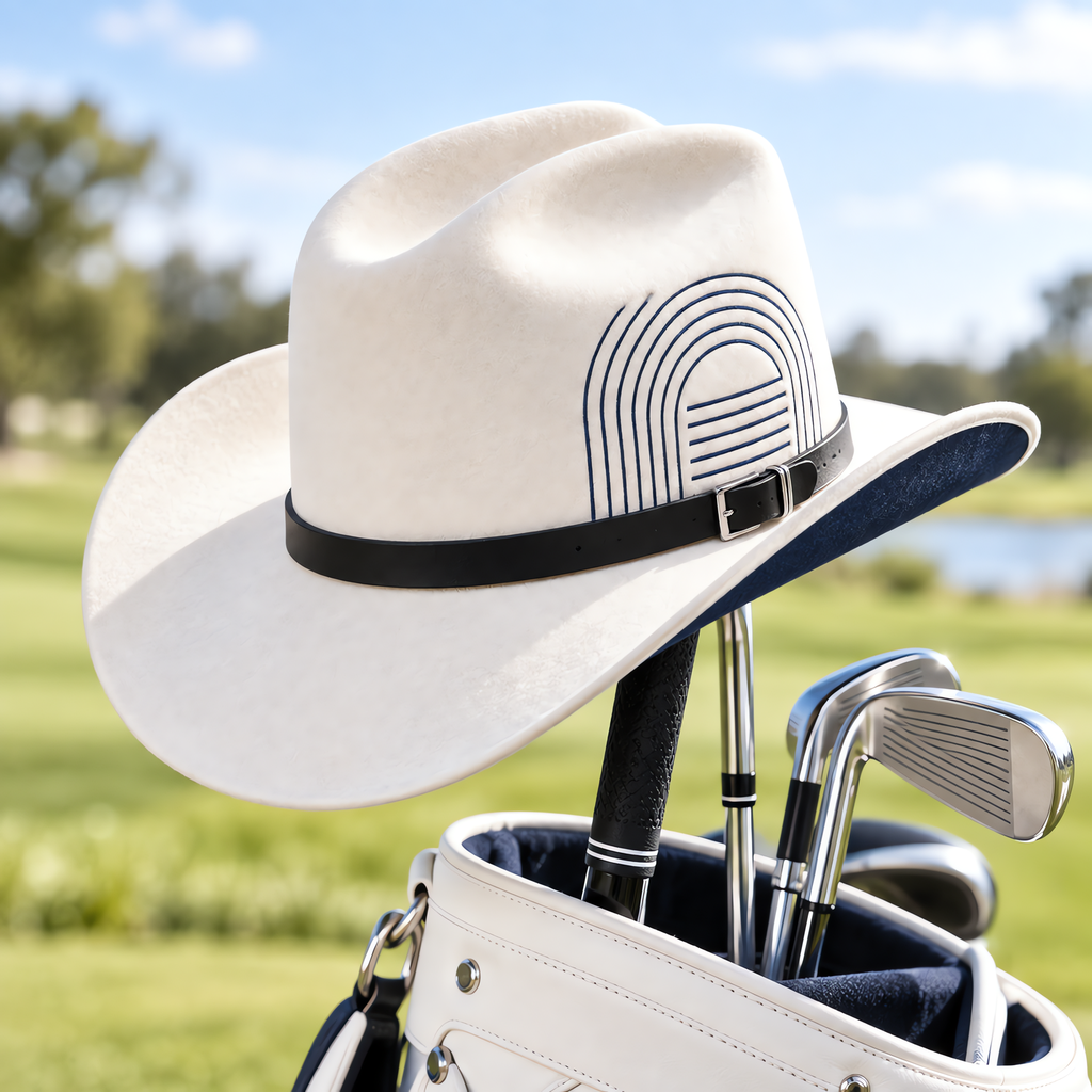 The Blanco by mianbrea™ — Premium White Wool Felt Cowboy Hat, Navy Geometric Print & Black Leather Band