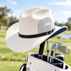 The Blanco by mianbrea™ — Premium White Wool Felt Cowboy Hat, Navy Geometric Print & Black Leather Band