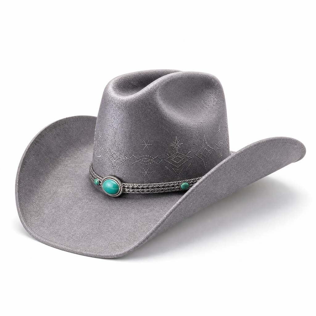 The Celestial by mianbrea™ — Premium Grey Wool Felt Cowboy Hat, Silver Constellation Crown & Turquoise Chain Band