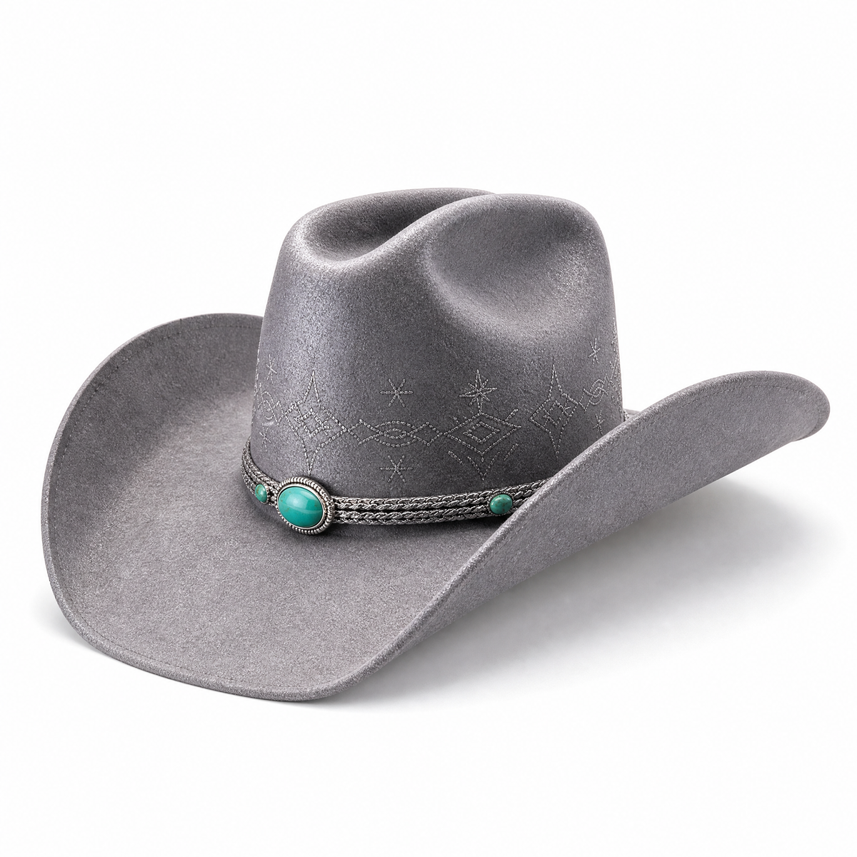 The Celestial by mianbrea™ — Premium Grey Wool Felt Cowboy Hat, Silver Constellation Crown & Turquoise Chain Band