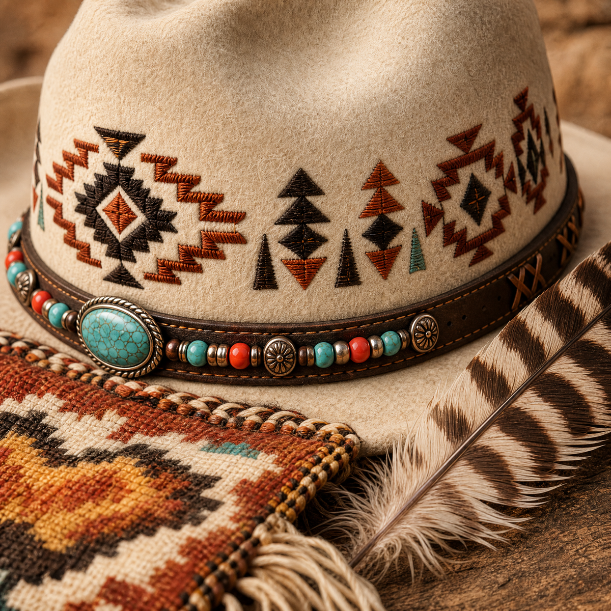 The Kachina by mianbrea™ — Premium Bone Wool Felt Cowboy Hat, Hand-Embroidered Southwestern Patterns & Turquoise Stone Band