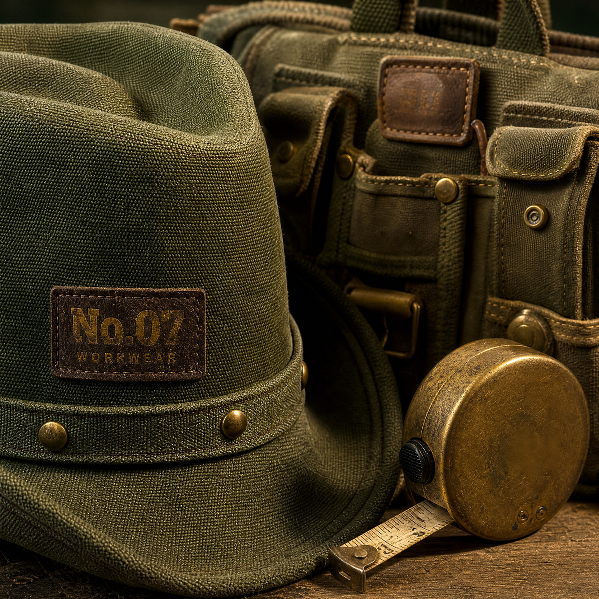 The Workman by mianbrea™ — Premium Olive Canvas Workwear Hat, No.07 Leather Patch & Antiqued Brass Hardware