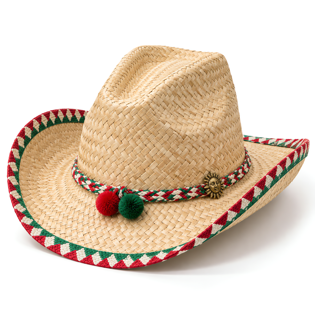 The Sol by mianbrea™ — Premium Natural Palm Leaf Straw Cowboy Hat, Mexican Tricolor Band & Sun Concho