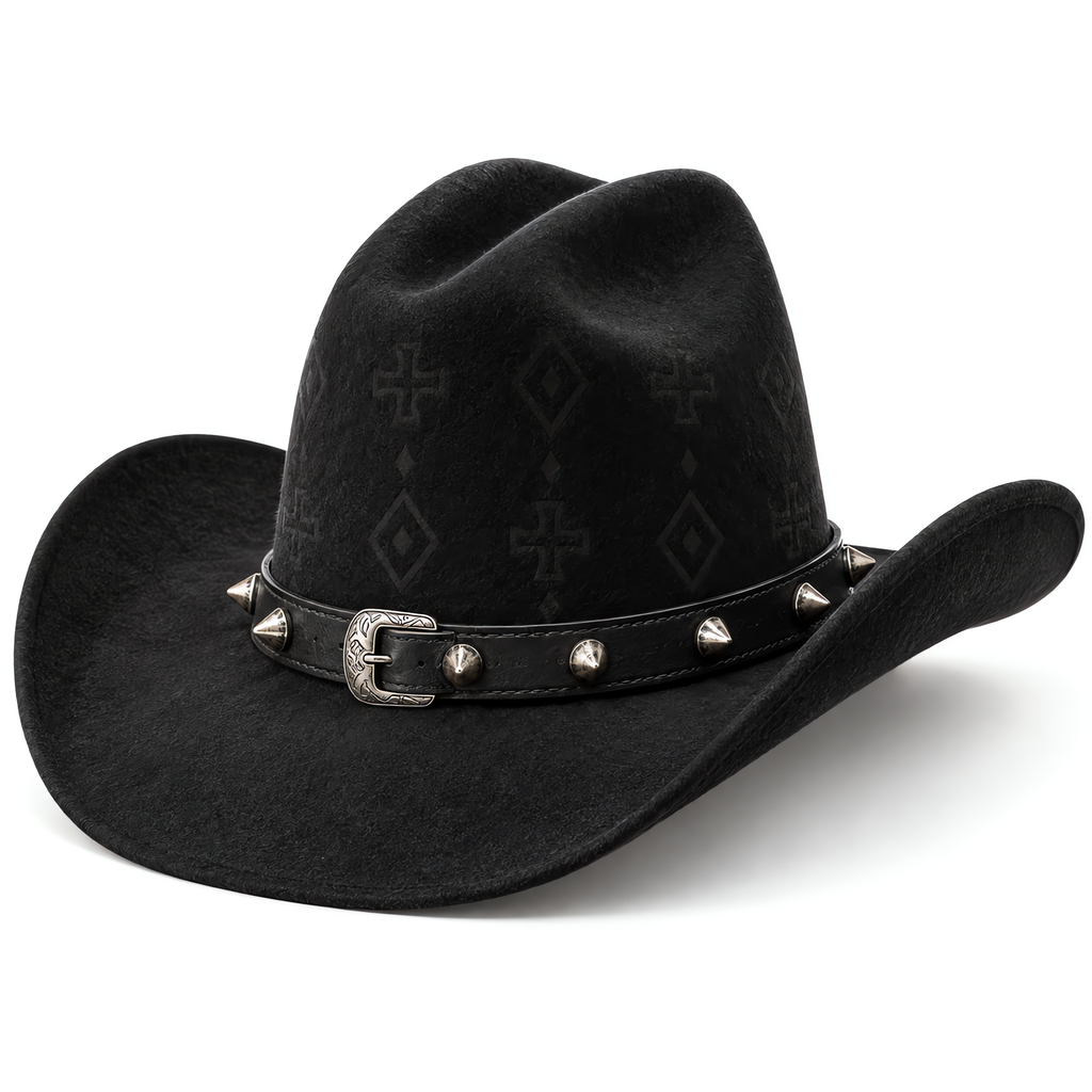 The Outlaw by mianbrea™ — Premium Black Wool Felt Cowboy Hat, Embossed Geometric Crown & Silver Studded Band
