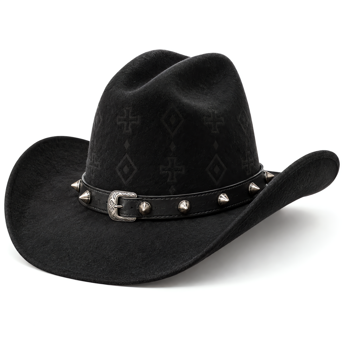 The Outlaw by mianbrea™ — Premium Black Wool Felt Cowboy Hat, Embossed Geometric Crown & Silver Studded Band