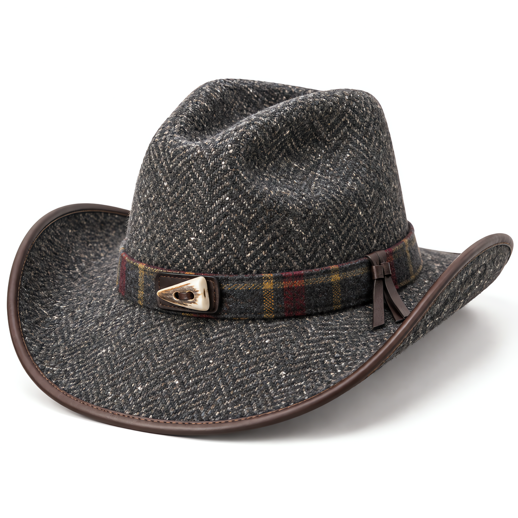 The Highlander by mianbrea™ — Premium Charcoal Herringbone Tweed Cowboy Hat, Tartan Band & Antler Toggle