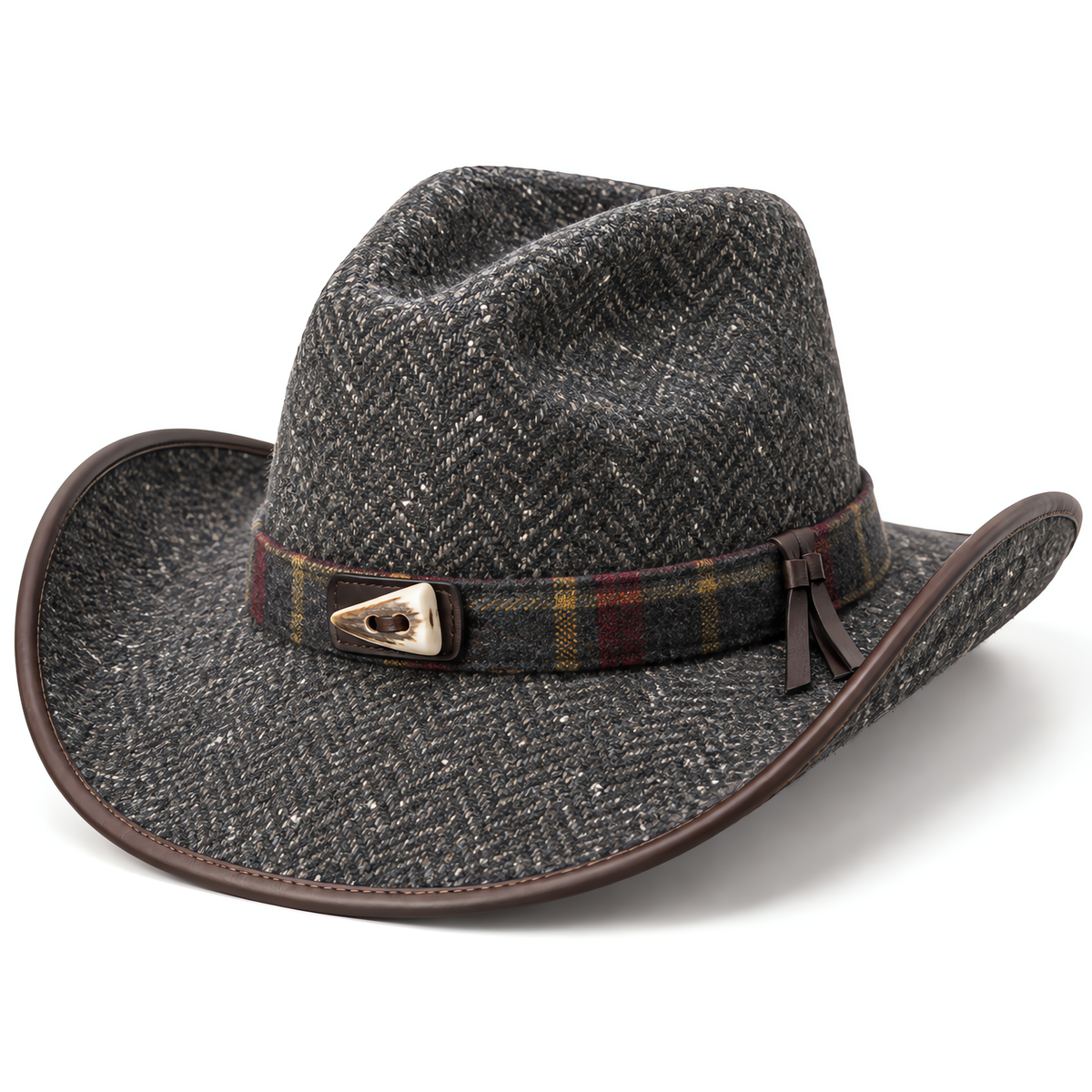 The Highlander by mianbrea™ — Premium Charcoal Herringbone Tweed Cowboy Hat, Tartan Band & Antler Toggle