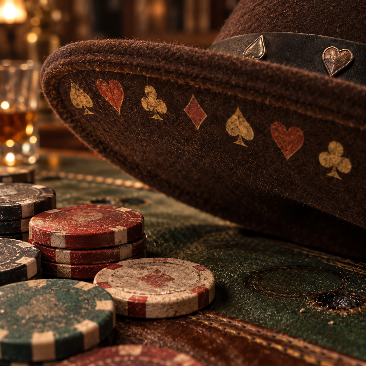 The Gambler by mianbrea™ — Premium Dark Brown Wool Felt Gambler Hat, Playing Card Suit Band & Telescope Crown