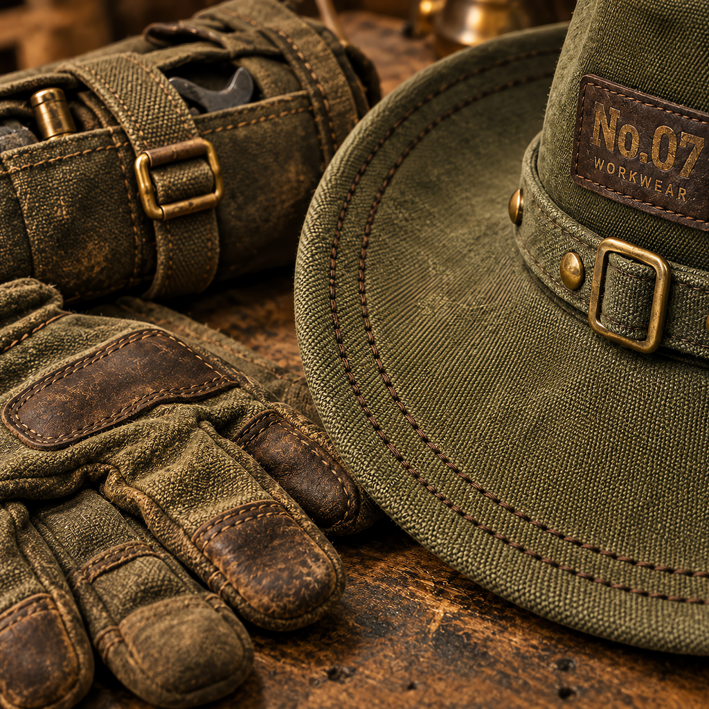 The Workman by mianbrea™ — Premium Olive Canvas Workwear Hat, No.07 Leather Patch & Antiqued Brass Hardware