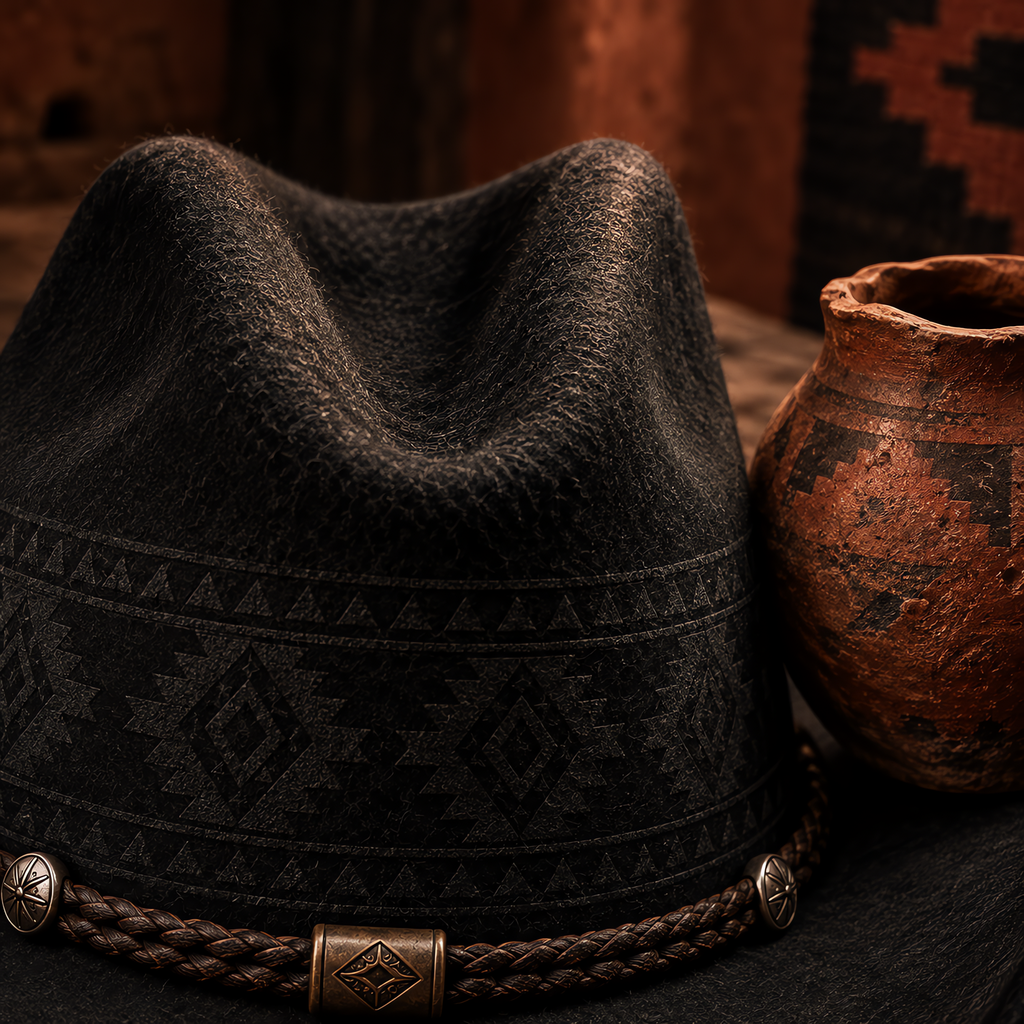 The Nomad by mianbrea™ — Premium Black Wool Felt Cowboy Hat, Hand-Pressed Tribal Patterns