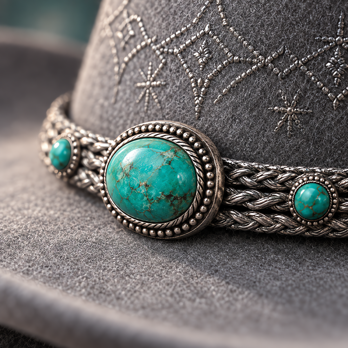 The Celestial by mianbrea™ — Premium Grey Wool Felt Cowboy Hat, Silver Constellation Crown & Turquoise Chain Band