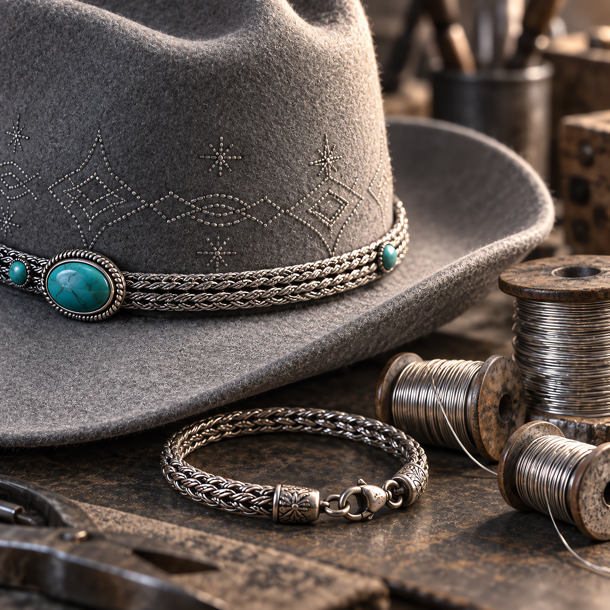 The Celestial by mianbrea™ — Premium Grey Wool Felt Cowboy Hat, Silver Constellation Crown & Turquoise Chain Band