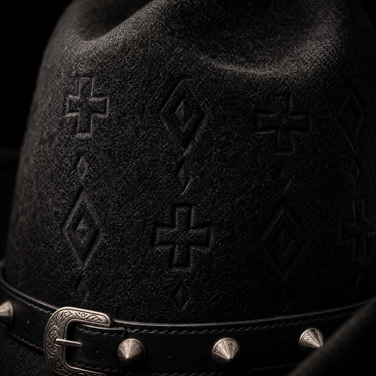 The Outlaw by mianbrea™ — Premium Black Wool Felt Cowboy Hat, Embossed Geometric Crown & Silver Studded Band
