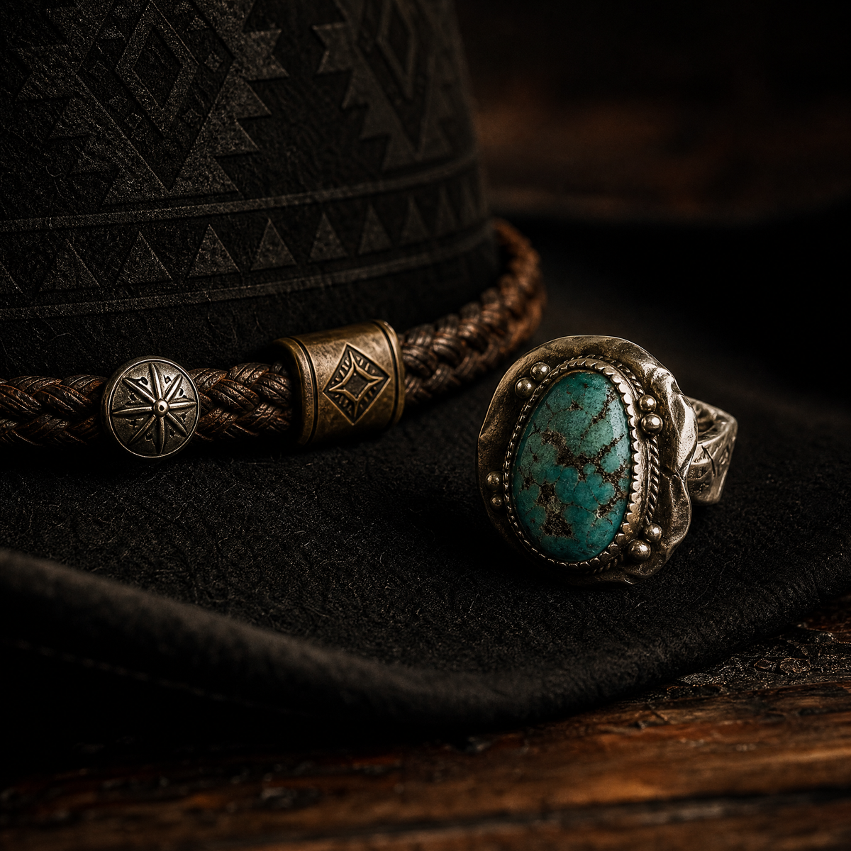 The Nomad by mianbrea™ — Premium Black Wool Felt Cowboy Hat, Hand-Pressed Tribal Patterns