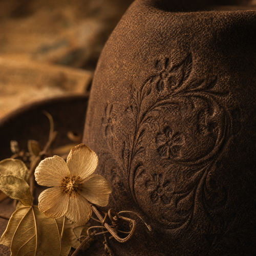 The Wrangler by mianbrea™ — Premium Dark Brown Wool Felt Cowboy Hat, Hand-Embossed Floral Crown & Feather Accent