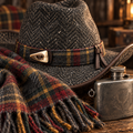 The Highlander by mianbrea™ — Premium Charcoal Herringbone Tweed Cowboy Hat, Tartan Band & Antler Toggle