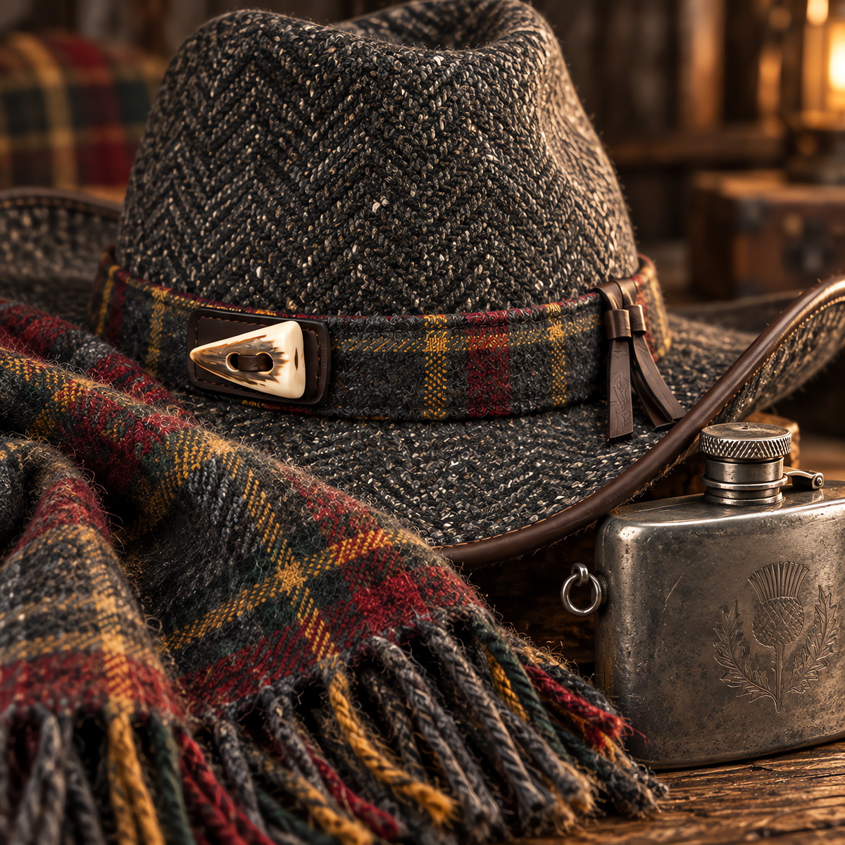 The Highlander by mianbrea™ — Premium Charcoal Herringbone Tweed Cowboy Hat, Tartan Band & Antler Toggle