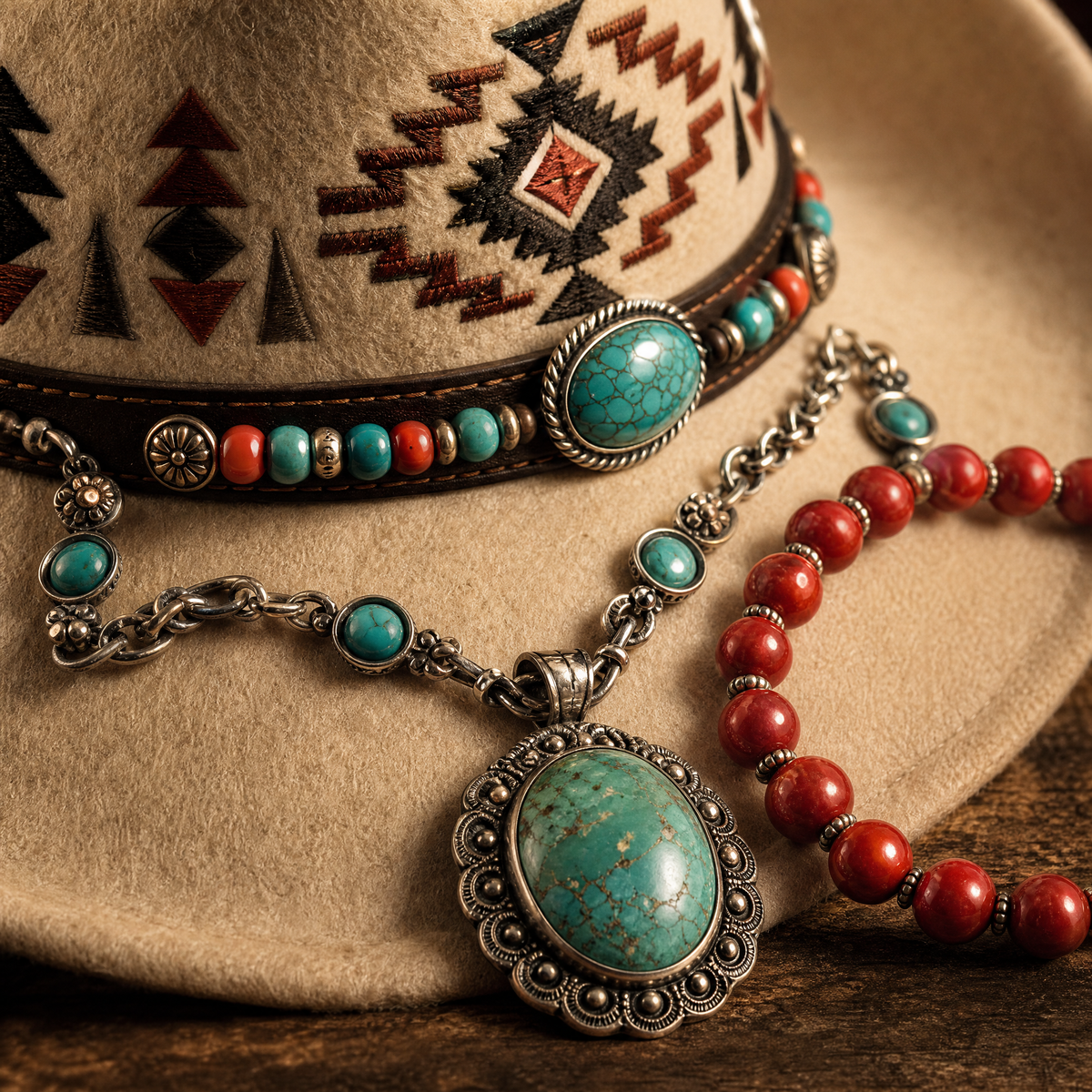The Kachina by mianbrea™ — Premium Bone Wool Felt Cowboy Hat, Hand-Embroidered Southwestern Patterns & Turquoise Stone Band