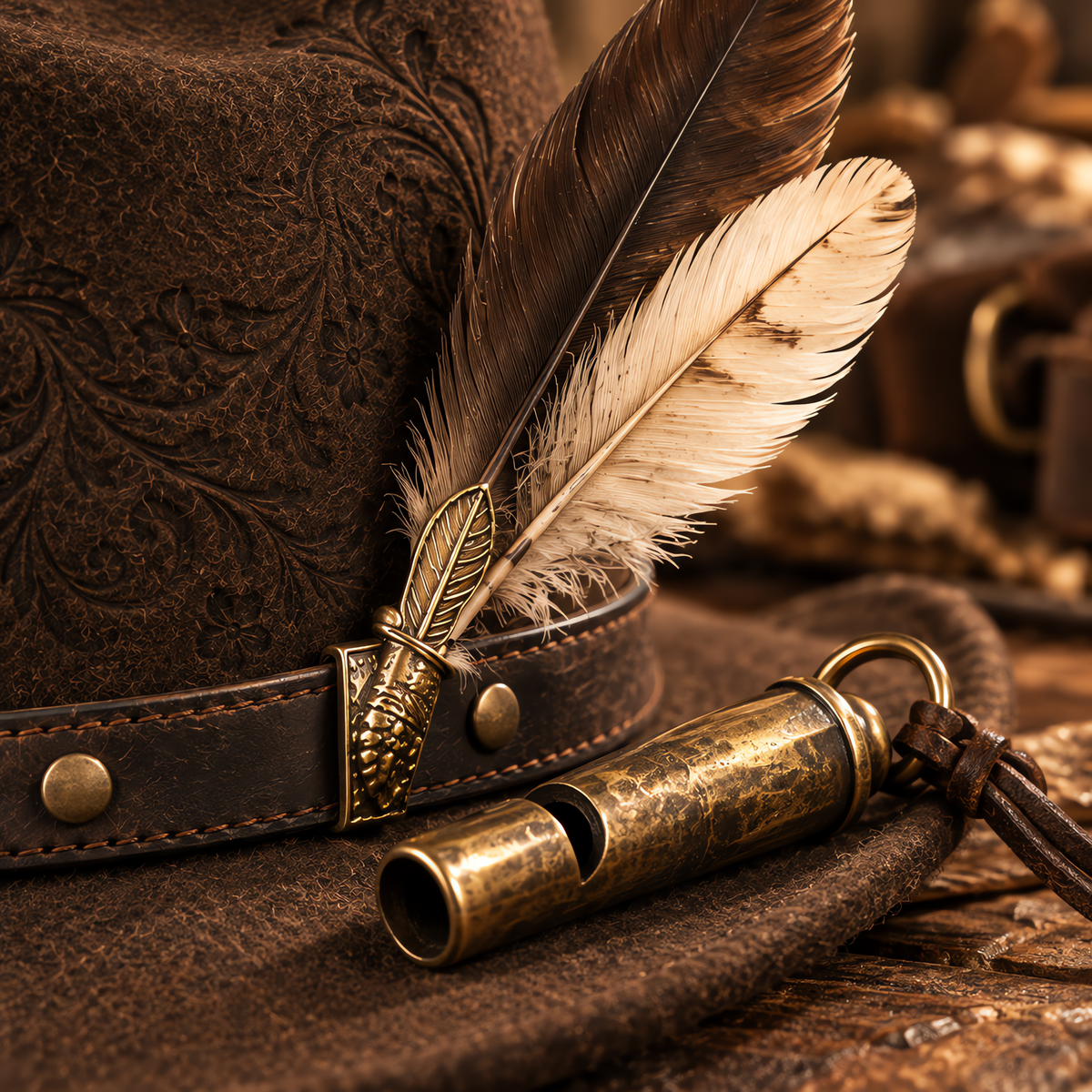 The Wrangler by mianbrea™ — Premium Dark Brown Wool Felt Cowboy Hat, Hand-Embossed Floral Crown & Feather Accent