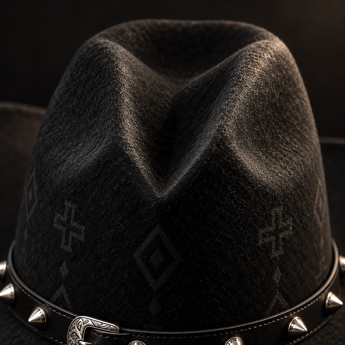 The Outlaw by mianbrea™ — Premium Black Wool Felt Cowboy Hat, Embossed Geometric Crown & Silver Studded Band