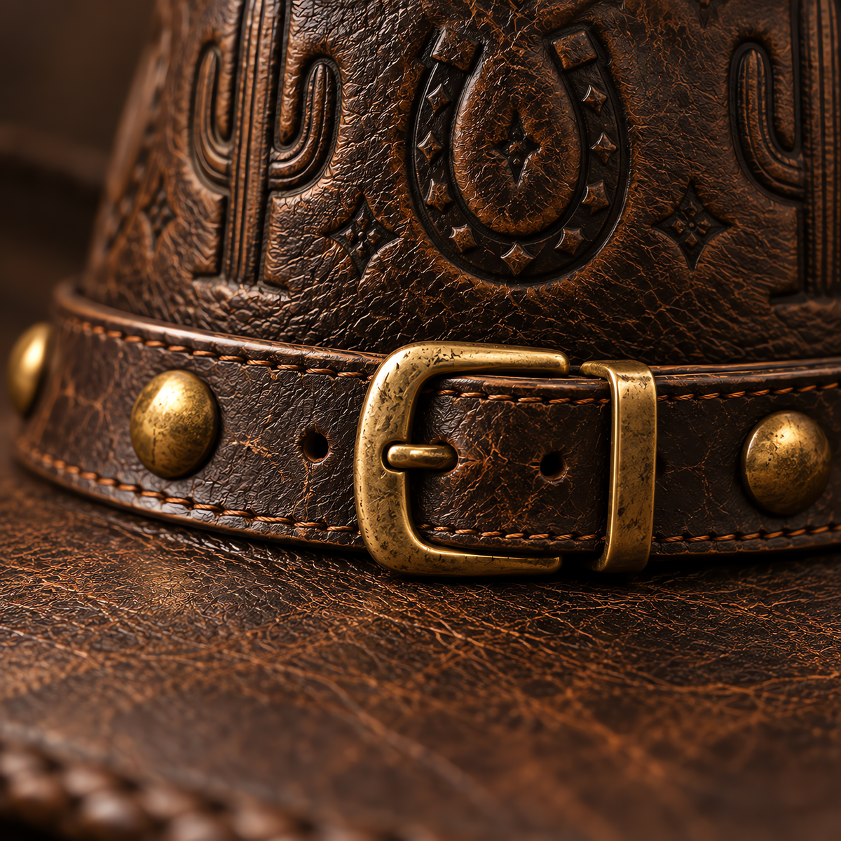 The Maverick by mianbrea™ — Premium Distressed Leather Cowboy Hat, Hand-Tooled Cactus & Horseshoe Pattern
