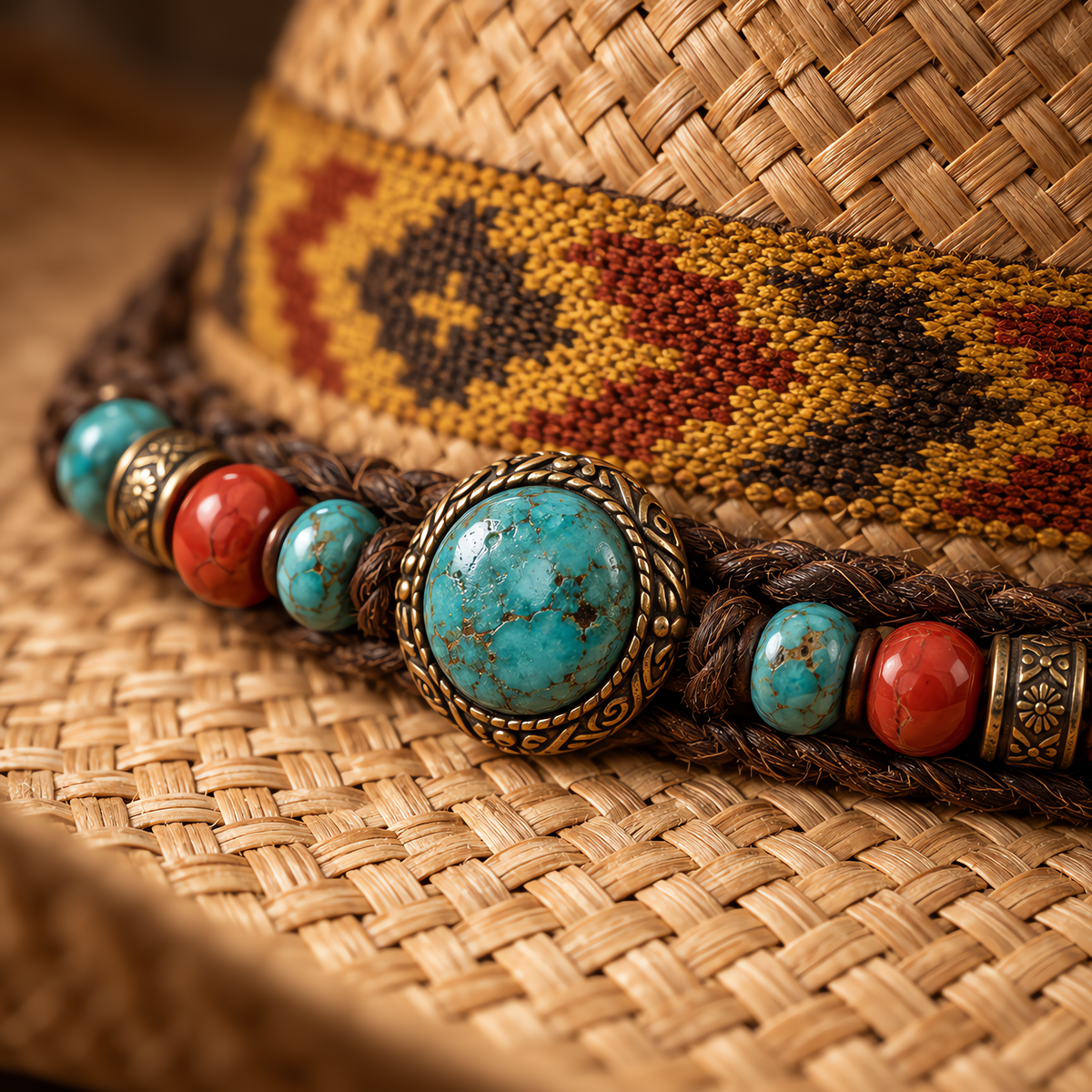 The Sundance by mianbrea™ — Premium Natural Straw Cowboy Hat, Navajo Woven Band & Turquoise Bead Accent