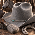 The Celestial by mianbrea™ — Premium Grey Wool Felt Cowboy Hat, Silver Constellation Crown & Turquoise Chain Band