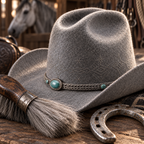 The Celestial by mianbrea™ — Premium Grey Wool Felt Cowboy Hat, Silver Constellation Crown & Turquoise Chain Band