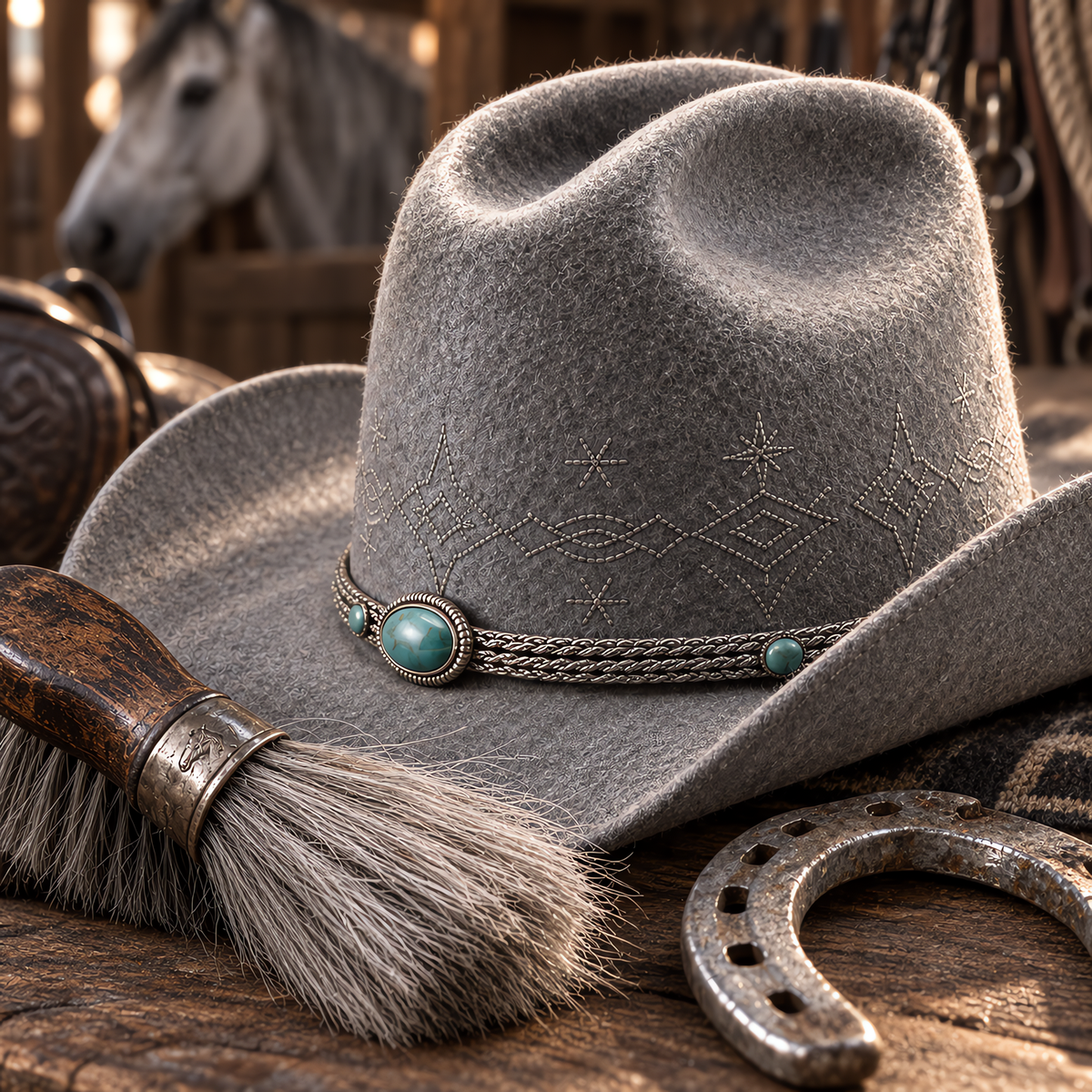 The Celestial by mianbrea™ — Premium Grey Wool Felt Cowboy Hat, Silver Constellation Crown & Turquoise Chain Band