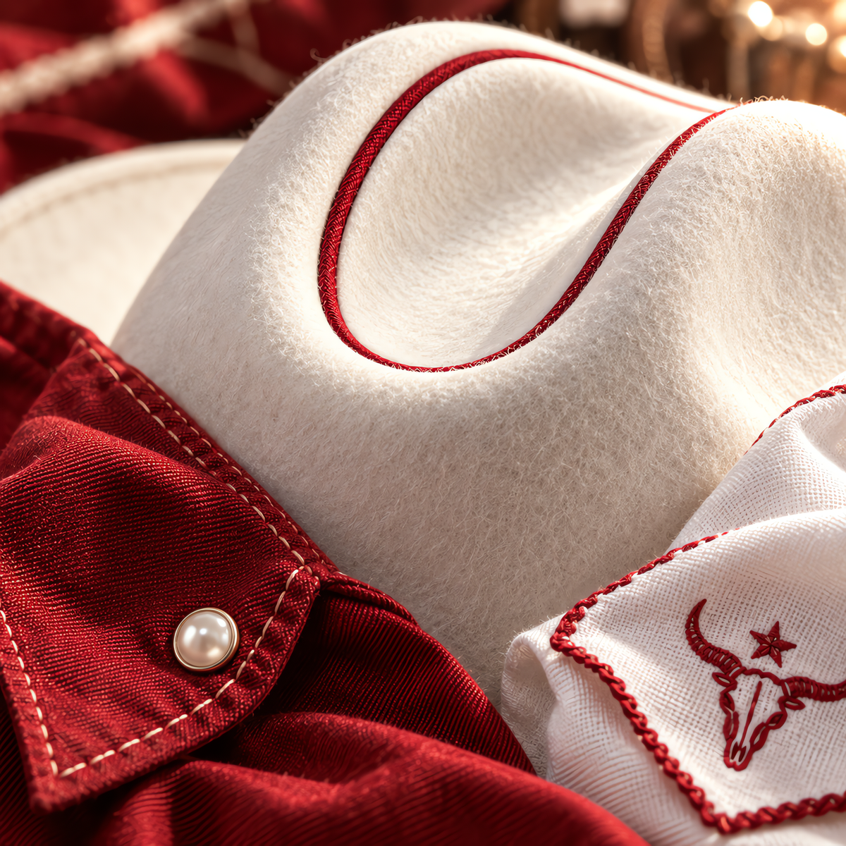 The Matador by mianbrea™ — Premium White Wool Felt Cowboy Hat, Red Piping & Horseshoe-Star Buckle