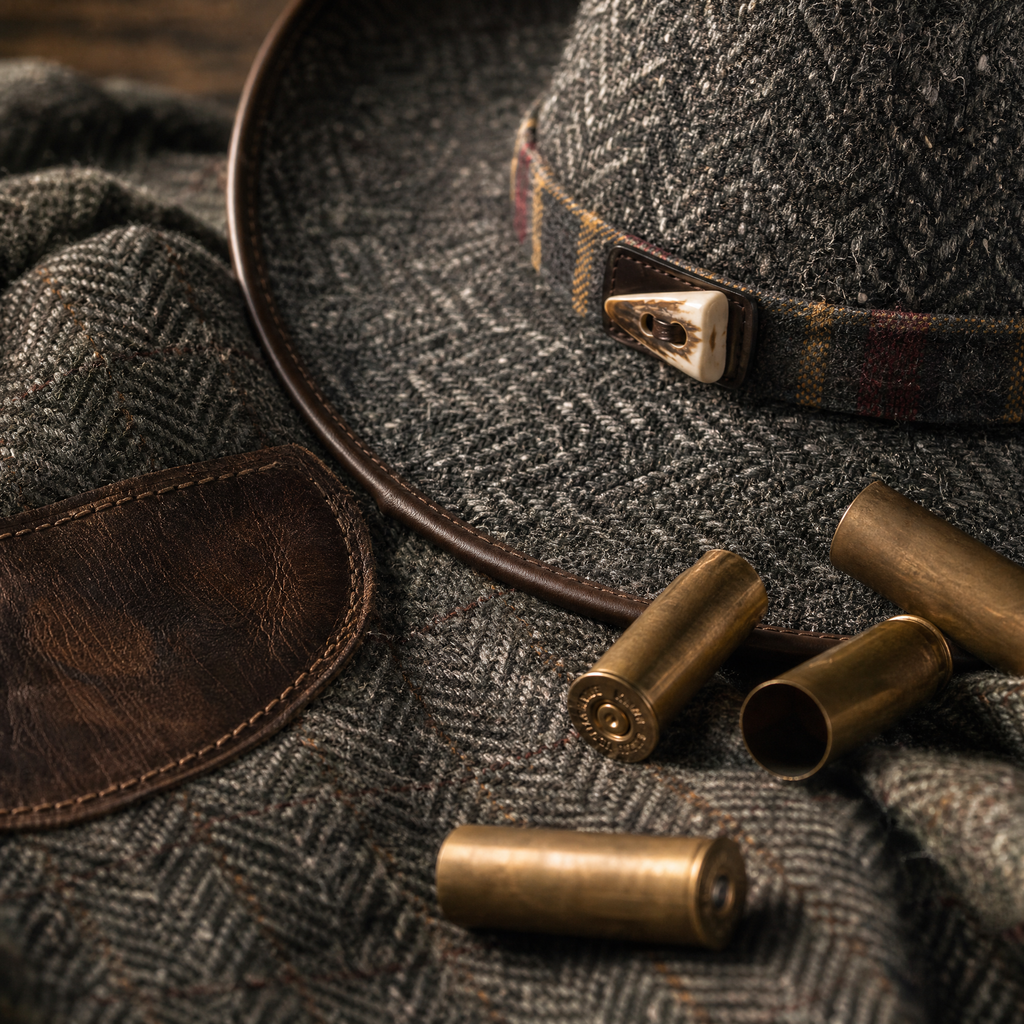 The Highlander by mianbrea™ — Premium Charcoal Herringbone Tweed Cowboy Hat, Tartan Band & Antler Toggle