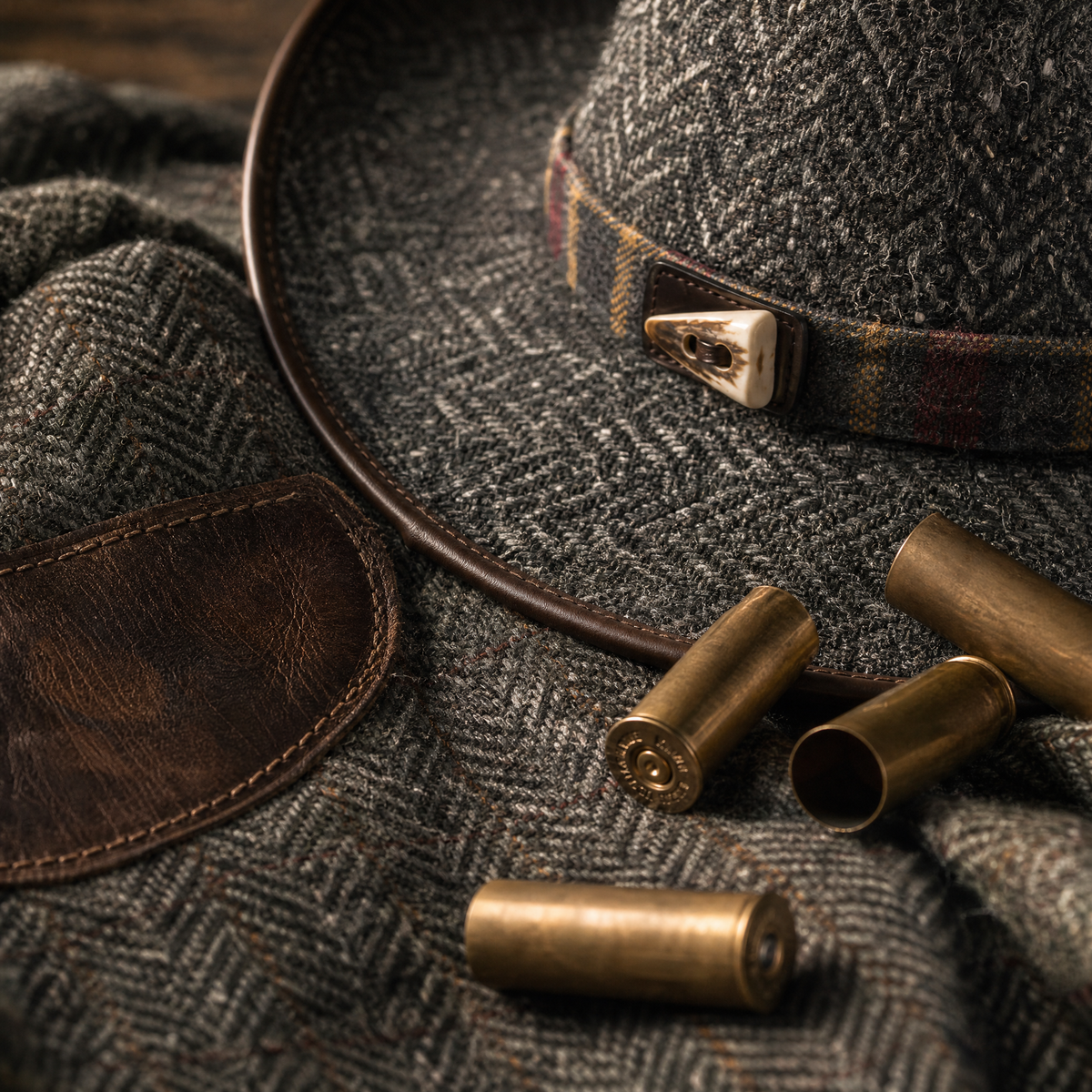 The Highlander by mianbrea™ — Premium Charcoal Herringbone Tweed Cowboy Hat, Tartan Band & Antler Toggle