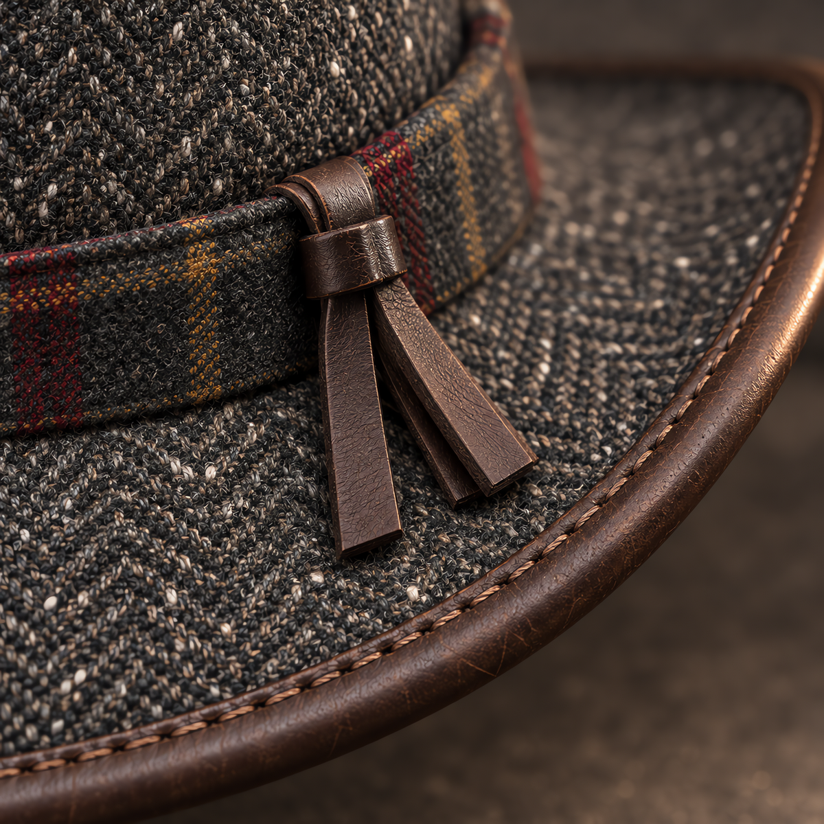 The Highlander by mianbrea™ — Premium Charcoal Herringbone Tweed Cowboy Hat, Tartan Band & Antler Toggle
