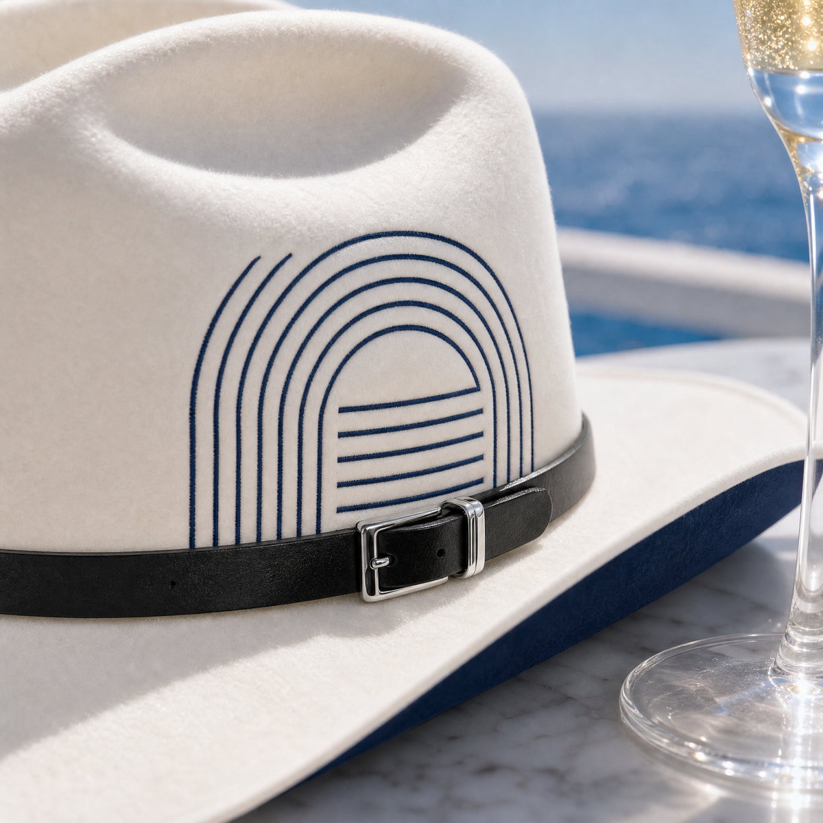 The Blanco by mianbrea™ — Premium White Wool Felt Cowboy Hat, Navy Geometric Print & Black Leather Band