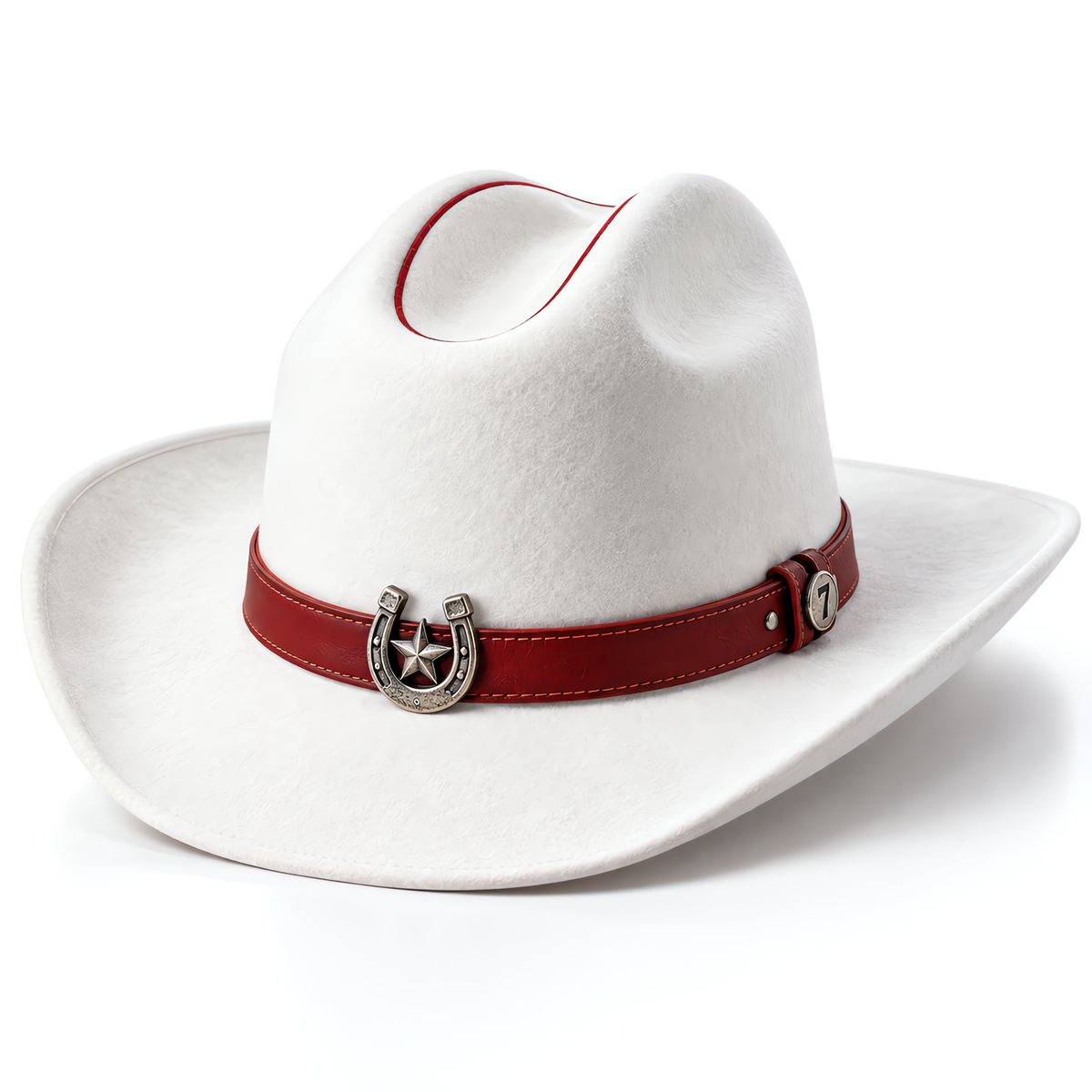The Matador by mianbrea™ — Premium White Wool Felt Cowboy Hat, Red Piping & Horseshoe-Star Buckle