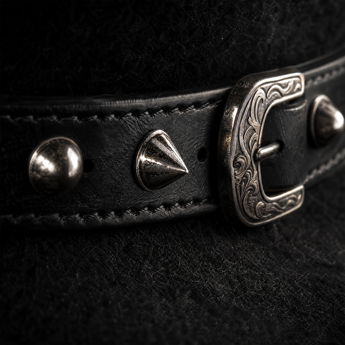 The Outlaw by mianbrea™ — Premium Black Wool Felt Cowboy Hat, Embossed Geometric Crown & Silver Studded Band