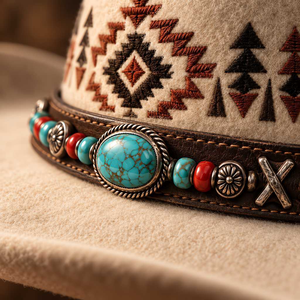 The Kachina by mianbrea™ — Premium Bone Wool Felt Cowboy Hat, Hand-Embroidered Southwestern Patterns & Turquoise Stone Band