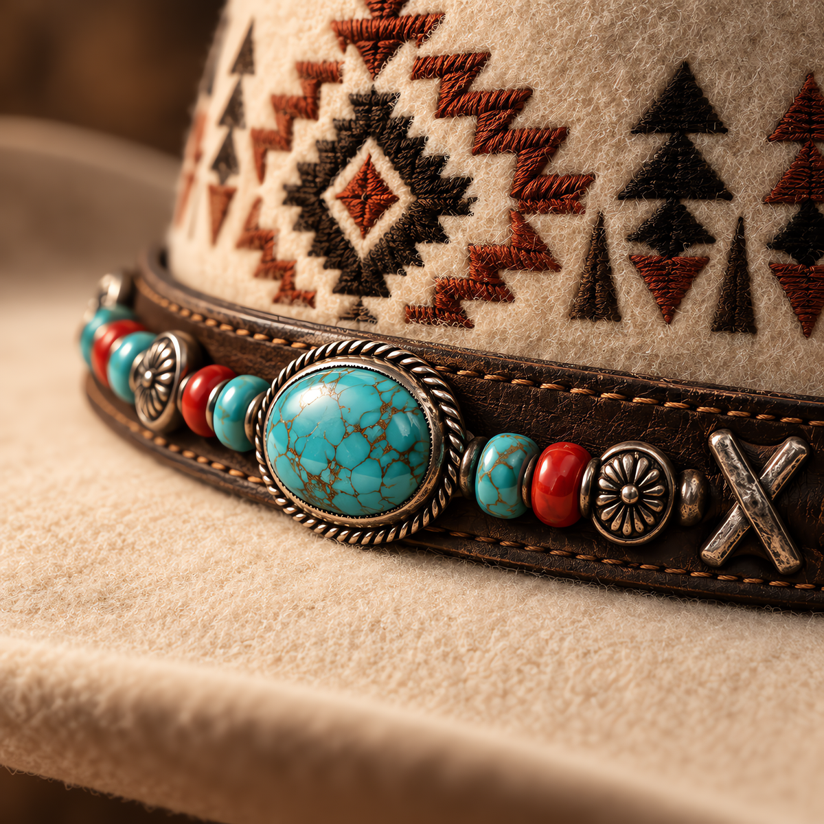 The Kachina by mianbrea™ — Premium Bone Wool Felt Cowboy Hat, Hand-Embroidered Southwestern Patterns & Turquoise Stone Band