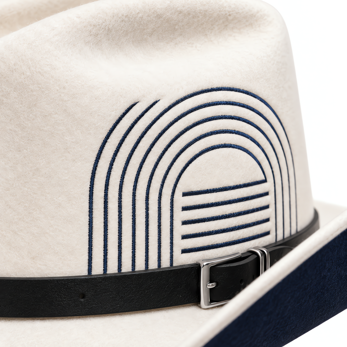 The Blanco by mianbrea™ — Premium White Wool Felt Cowboy Hat, Navy Geometric Print & Black Leather Band